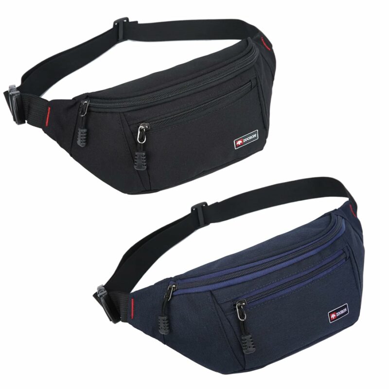 2 Packs Fanny Packs for Men and Women, Water Resistant Sports Waist Pack Bag Hip Bum Bag for Travel Hiking Running (Black + Blue)