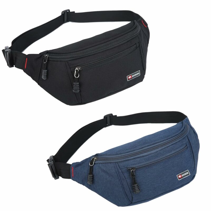 2 Packs Fanny Packs for Men and Women, Water Resistant Sports Waist Pack Bag Hip Bum Bag for Travel Hiking Running (Black + Light Blue)