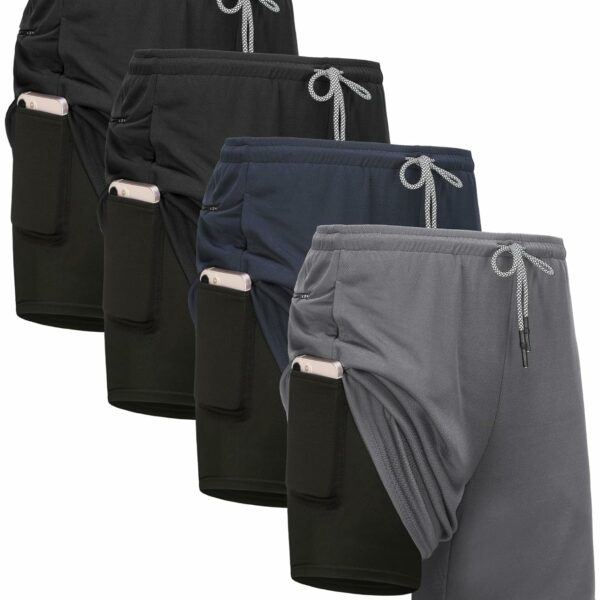 4 Pack Mens 2 in 1 Running Workout Shorts with Liner, Gym Athletic Quick Dry Sport Shorts with Pockets