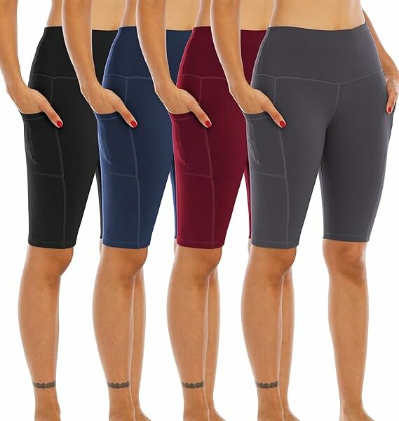 WHOUARE 4 Pack Biker Yoga Shorts with Pockets for Women,High Waisted Athletic Running Workout Gym Shorts Tummy Control