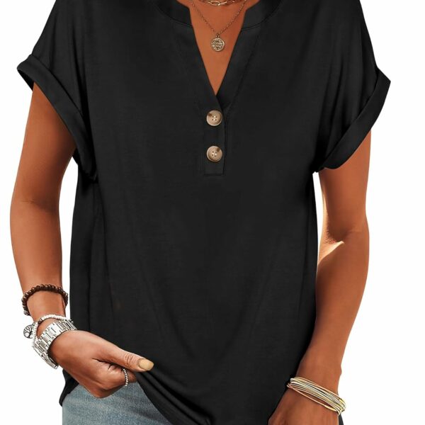 ANRABESS Womens Short Sleeve Henley Tops V Neck Dressy Casual Loose Fit Shirts Summer Flowy Blouses 2025 Trendy Clothes