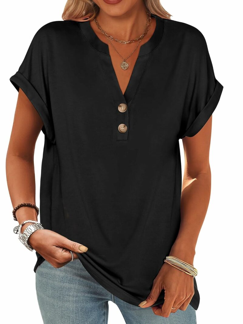 ANRABESS Womens Short Sleeve Henley Tops V Neck Dressy Casual Loose Fit Shirts Summer Flowy Blouses 2025 Trendy Clothes