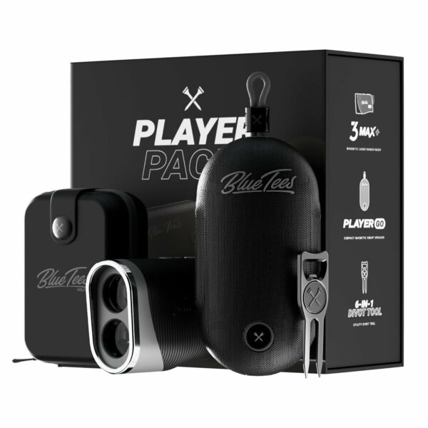 Blue Tees Golf Player Pack GO Bundle - Series 3 Max+ Rangefinder with Premium Case, The Player GO GPS Equipped Magnetic Speaker & Premium 6-in-1 Utility Divot Tool - The...