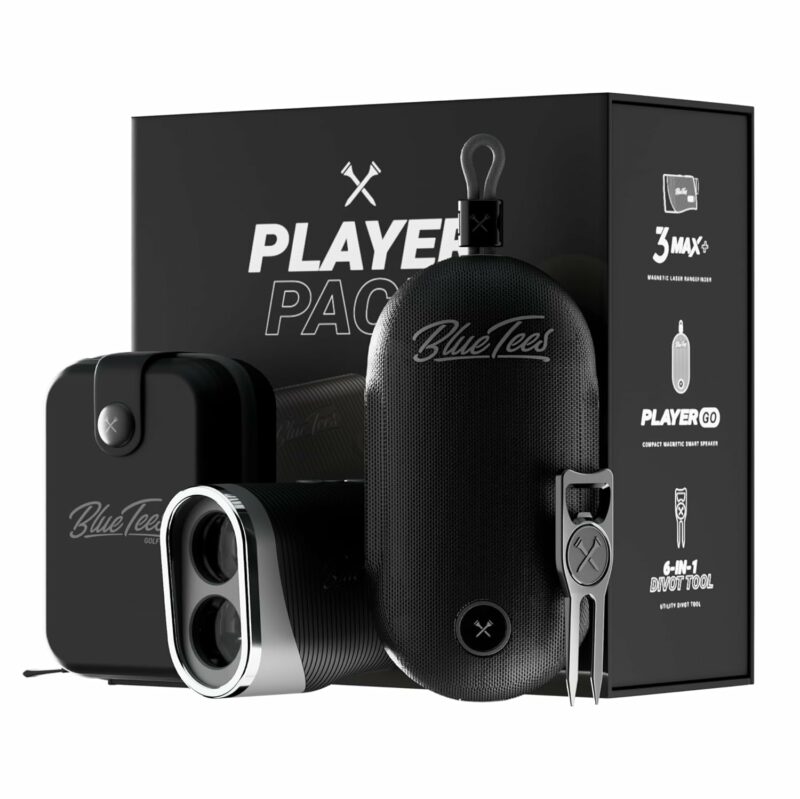 Blue Tees Golf Player Pack GO Bundle - Series 3 Max+ Rangefinder with Premium Case, The Player GO GPS Equipped Magnetic Speaker & Premium 6-in-1 Utility Divot Tool - The...