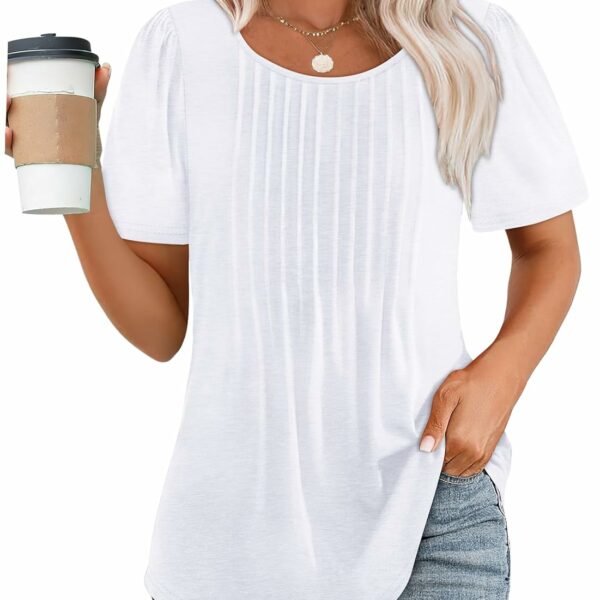 OFEEFAN Womens T Shirts Short Sleeve Pleated Dressy Casual Scooped Neck Summer Tops Blouses