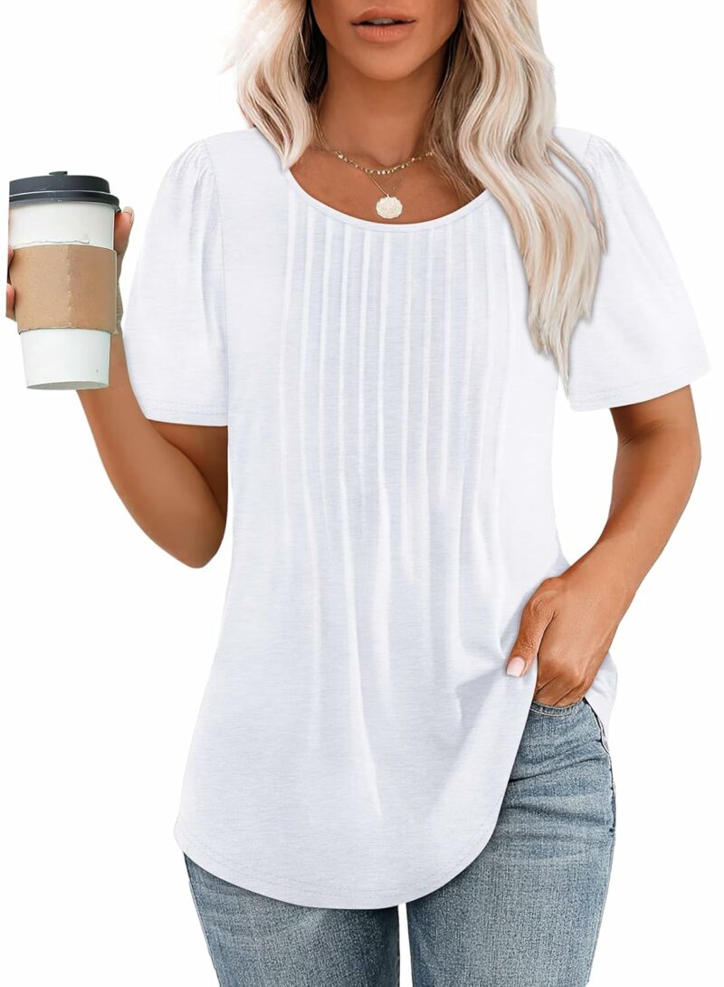 OFEEFAN Womens T Shirts Short Sleeve Pleated Dressy Casual Scooped Neck Summer Tops Blouses