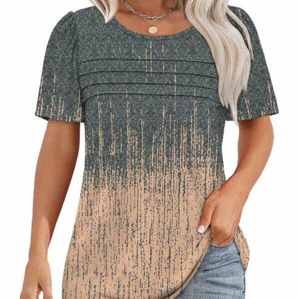 OFEEFAN Womens T Shirts Short Sleeve Tops Dressy Casual Blouses Spring Summer Outfits Flowy Pleated Front Scooped Neck