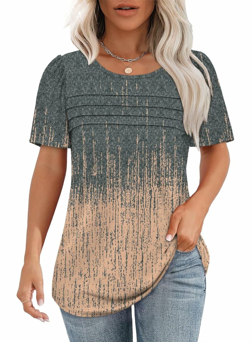 OFEEFAN Womens T Shirts Short Sleeve Tops Dressy Casual Blouses Spring Summer Outfits Flowy Pleated Front Scooped Neck