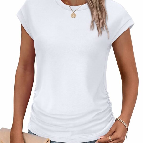 SAMPEEL Womens Summer Tops Trendy 2025 Ruched Cap Short Sleeve Tshirts Shirts Crew Neck T Shirts Fashion