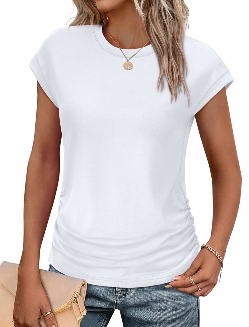 SAMPEEL Womens Summer Tops Trendy 2025 Ruched Cap Short Sleeve Tshirts Shirts Crew Neck T Shirts Fashion