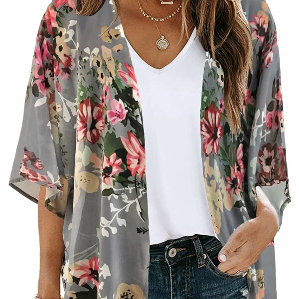 Women's Floral Print Puff Sleeve Kimono Cardigan Loose Cover Up Casual Blouse Tops