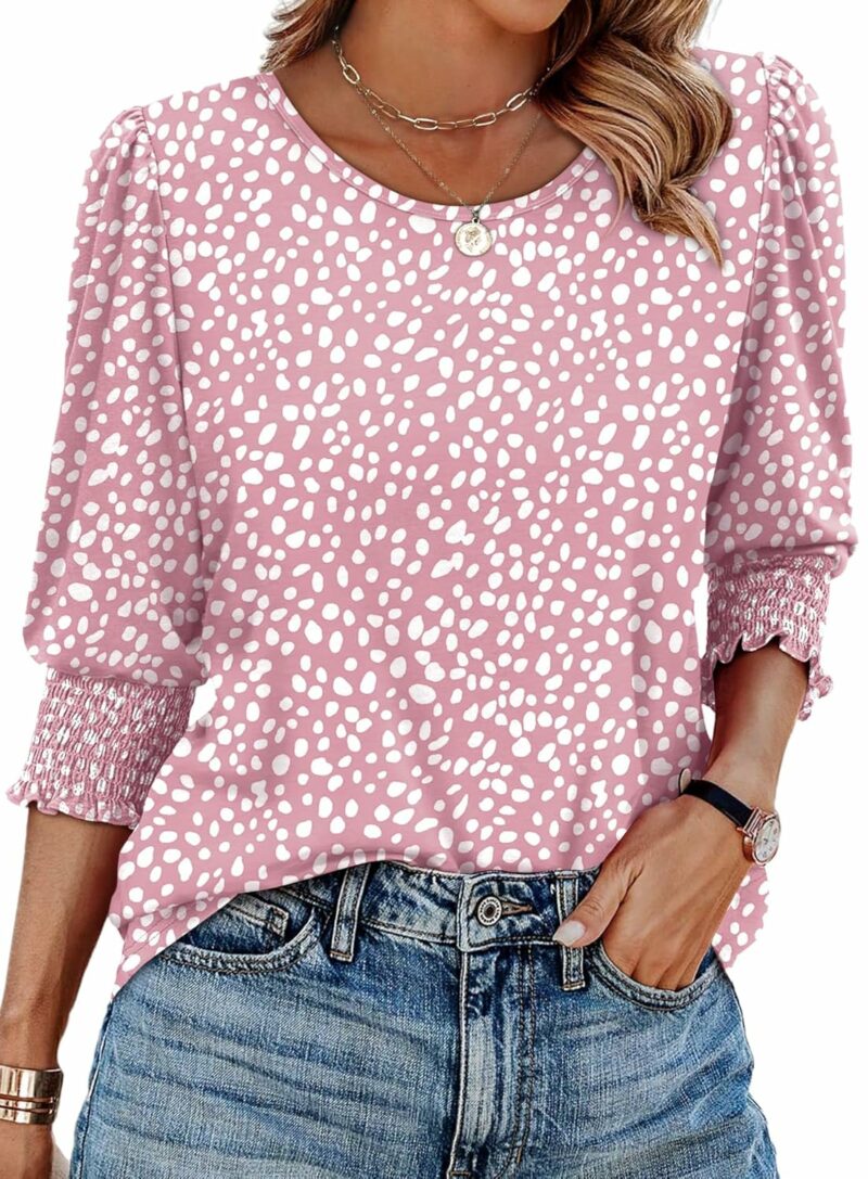 XIEERDUO Blouses for Women Dressy Casual 3/4 Length Sleeve Womens Tops with Smocked Cuffs
